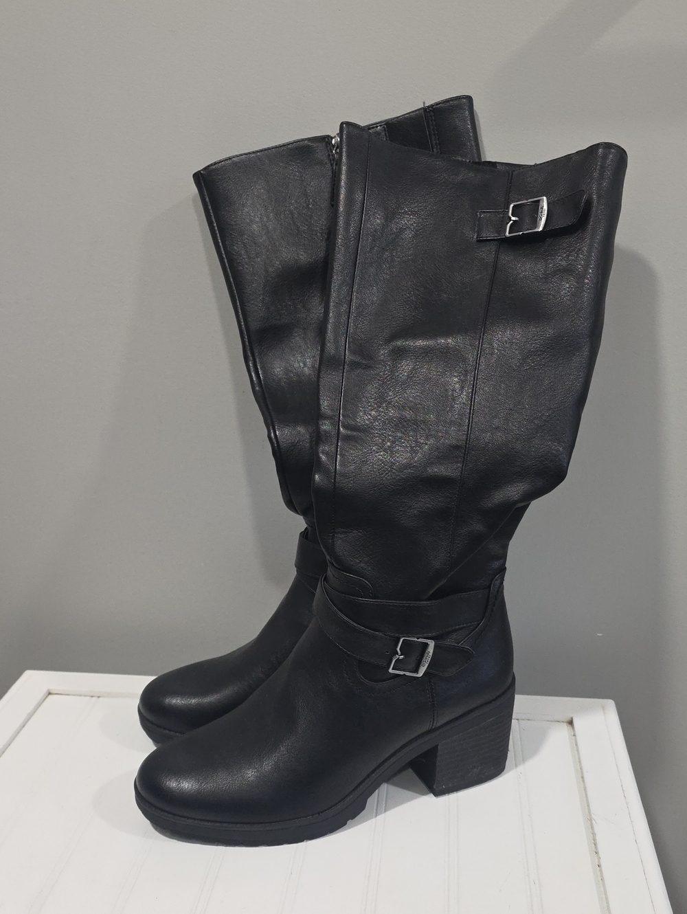 Dr. Scholl's Black Mid-Calf Buckle Block Heel Boots